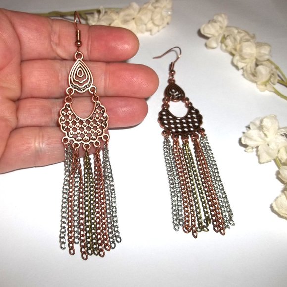 Mixed Metal Chandelier Earrings Chain Copper Silver Bronze Dangle Drop Set C221 - Picture 5 of 5